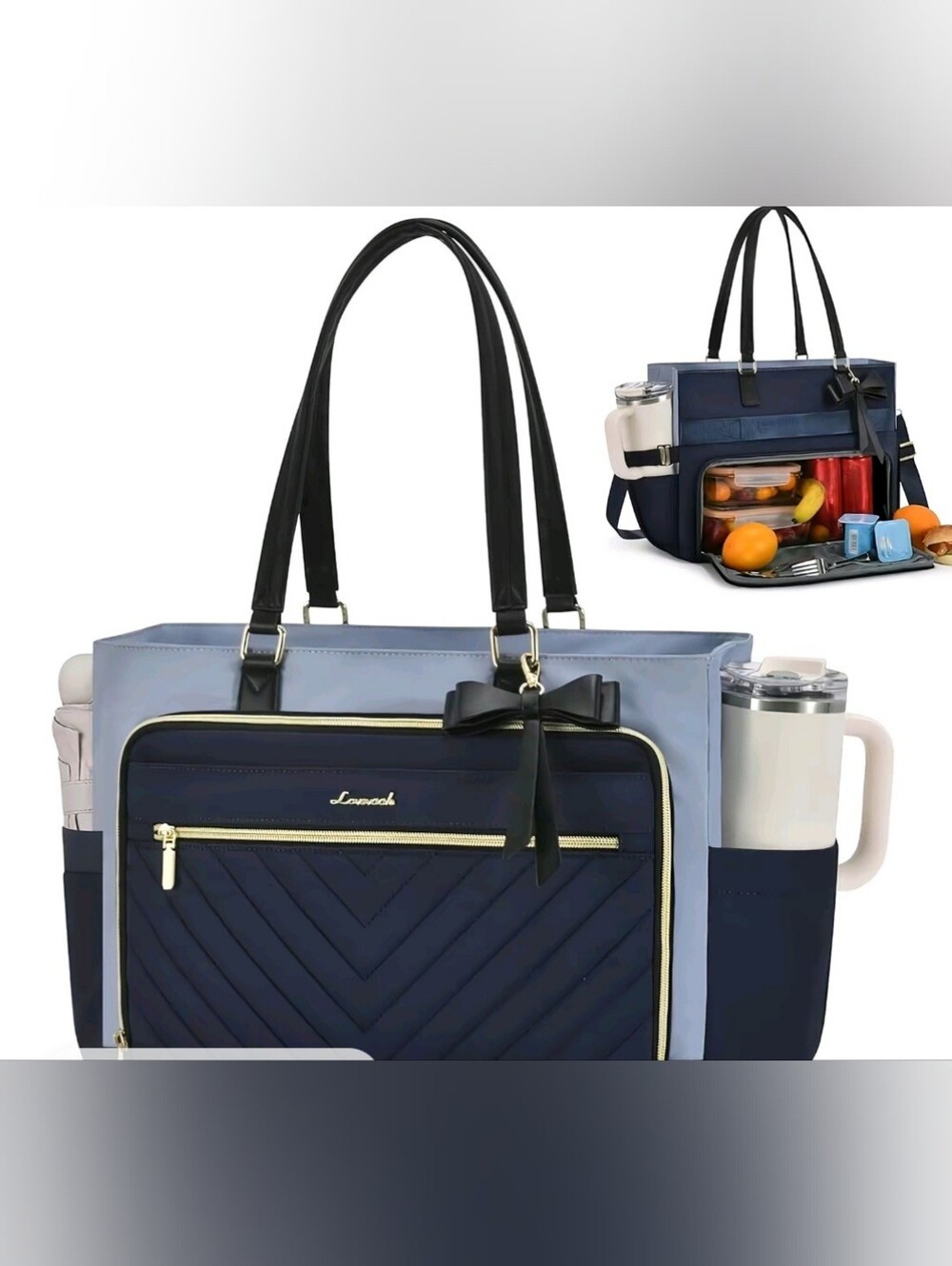 Two-Tone Navy and Light Blue Tote with Bow Accent